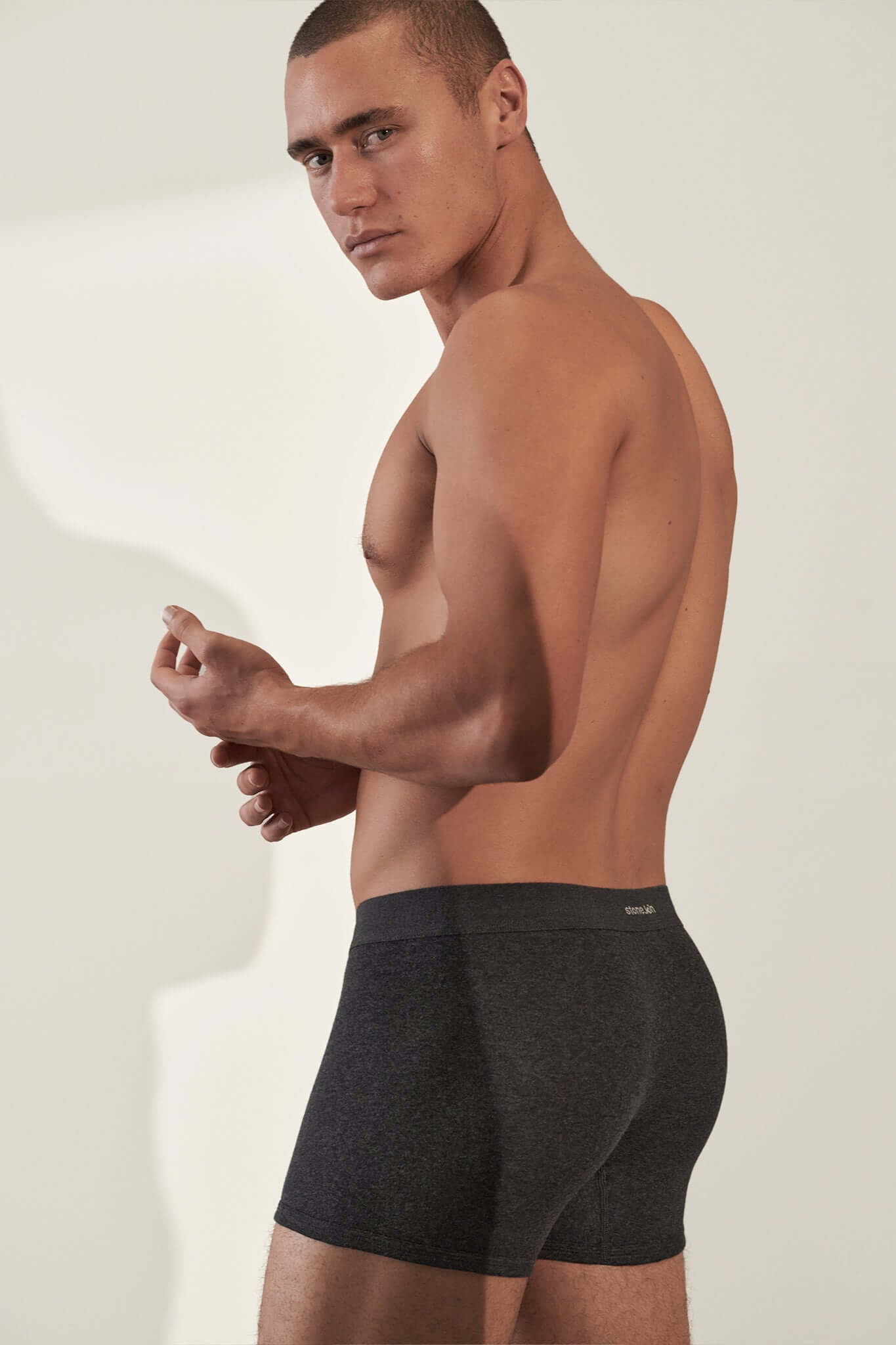 Boxer Brief 3 Pack in Organic Cotton - Model showcasing the Tar color option in a side view.