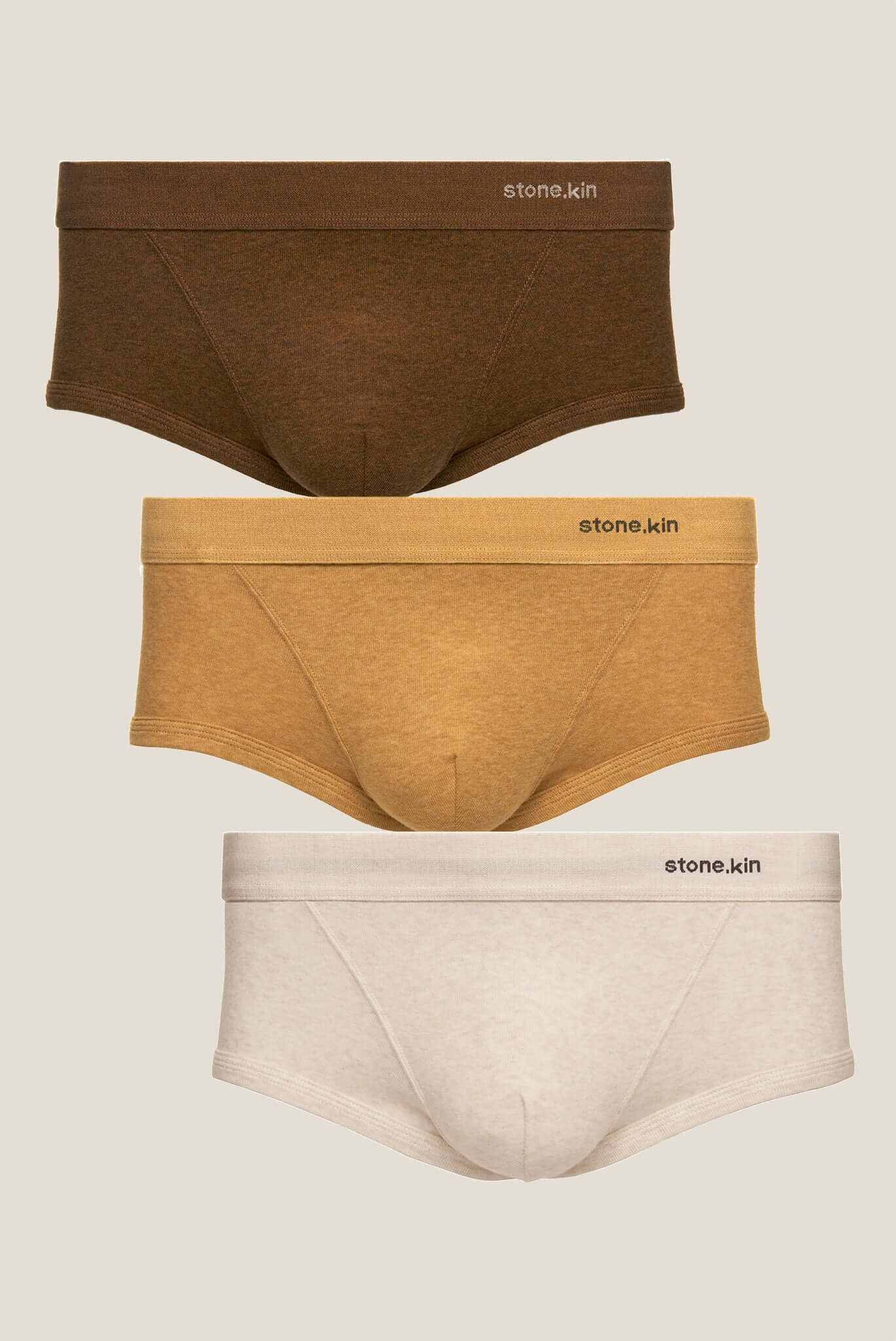 Stonekin Organic Cotton Trunk 3-Pack in Brown, Camel, and Bone colors, featuring a classic cut and super soft organic cotton for ultimate comfort.