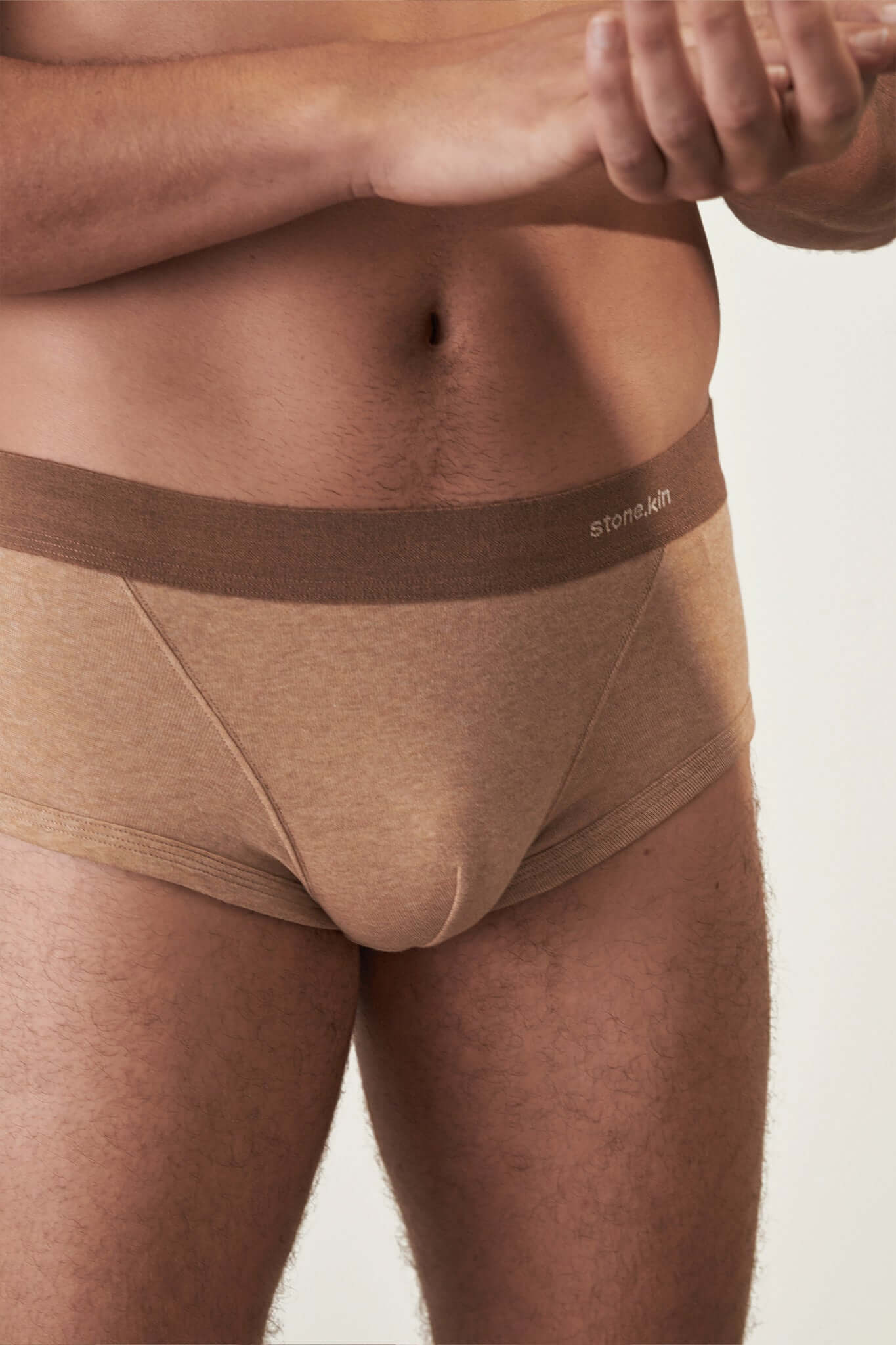 Trunk 3 Pack in Organic Cotton - model wearing Camel trunk underwear, showcasing comfort and fit.