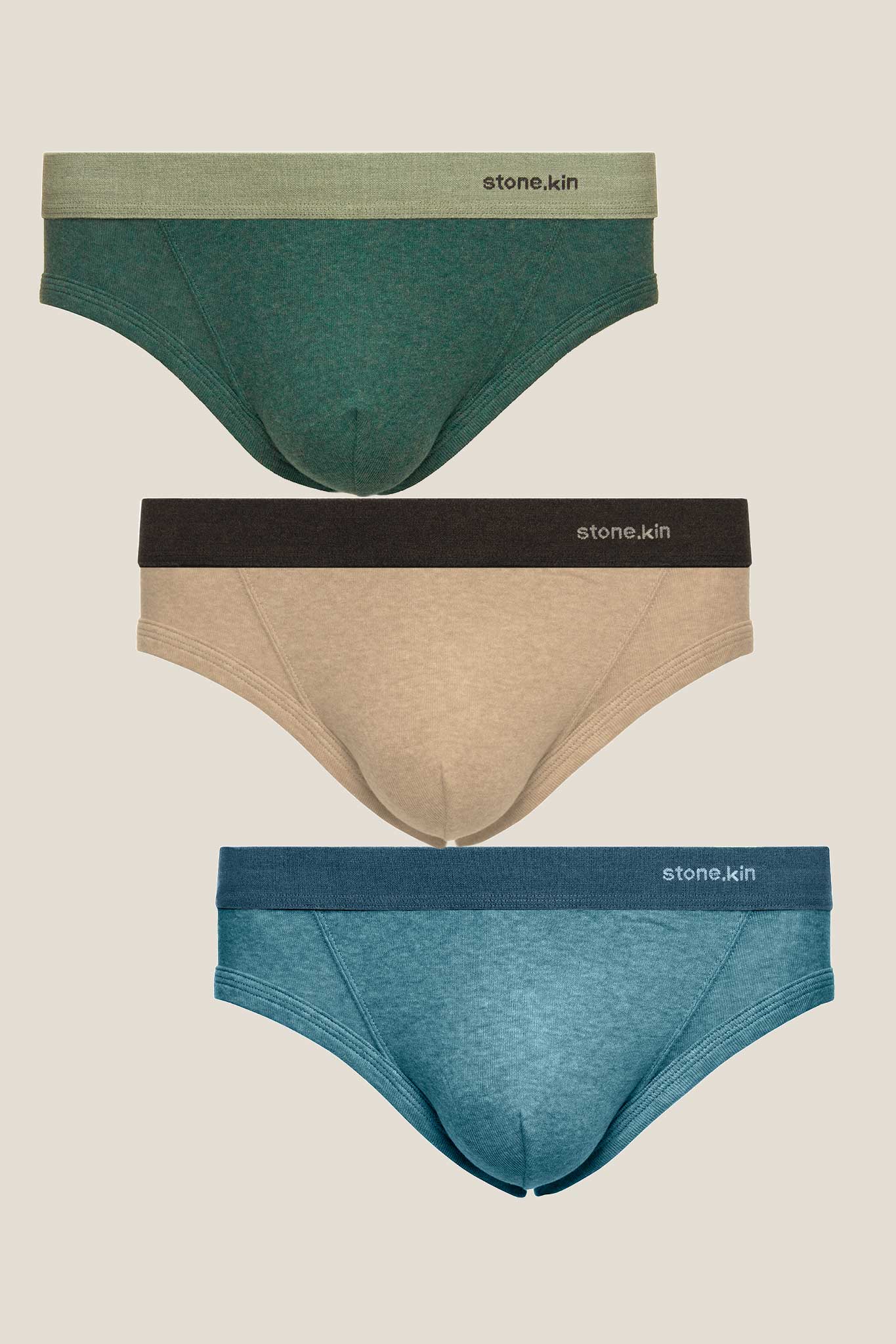 Men's Brief 3 Pack in Organic Cotton / Teal& Sage, Lake/Indigo, Sand/Tar
