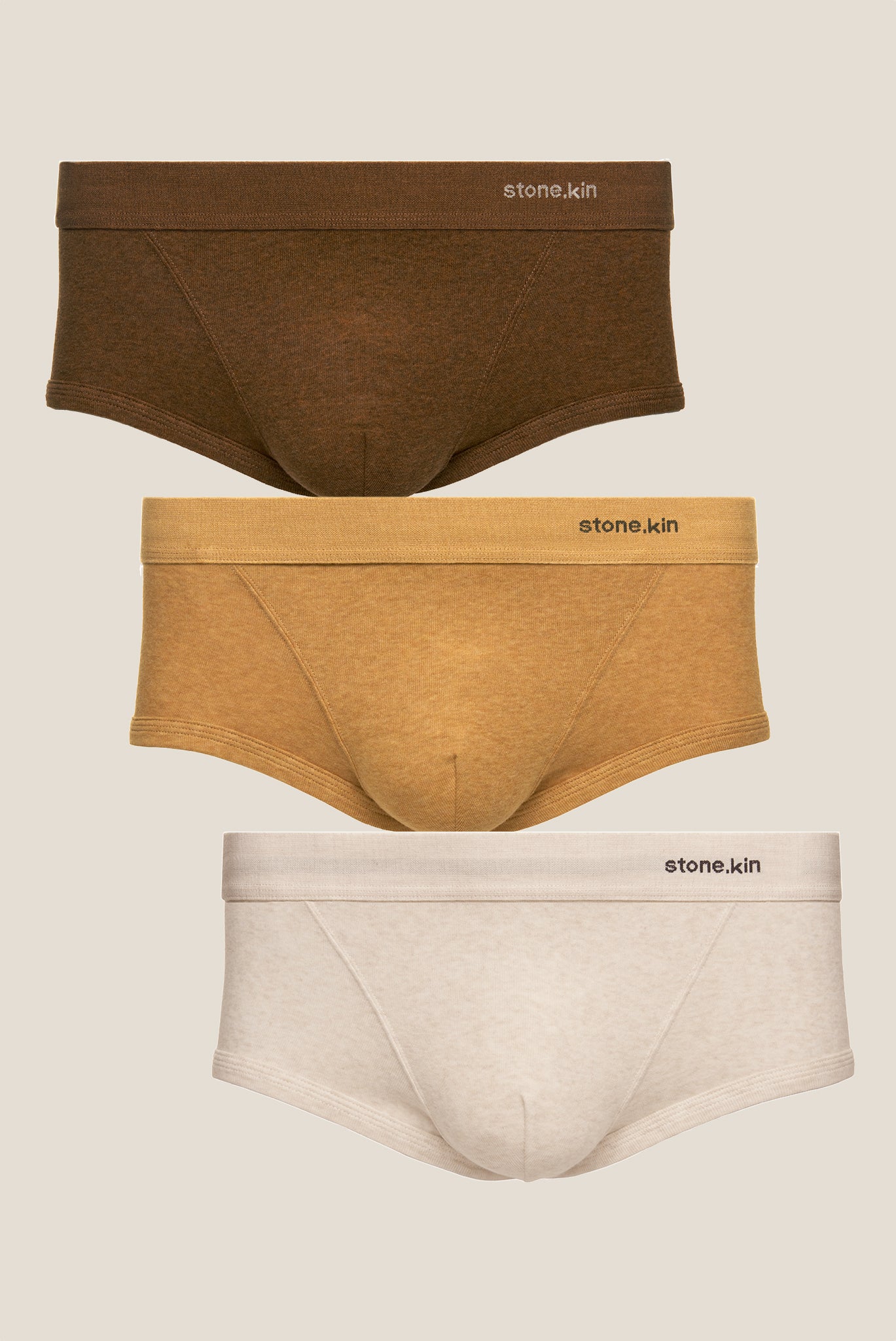 Stonekin Organic Cotton Trunk 3-Pack in Brown, Camel, and Bone colors, featuring a classic cut and super soft organic cotton for ultimate comfort.